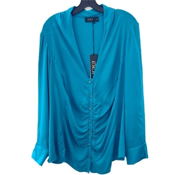 Igigi Tierney Blouse Plus Size 20 Jade Green Cuffs Sleeves Button-Up Ruching NEW - Picture 2 of 11